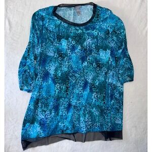 Catherines 4X Teal Blue Abstract Paisley Mesh Trim 3/4 Sleeve Top Boho Lagenlook